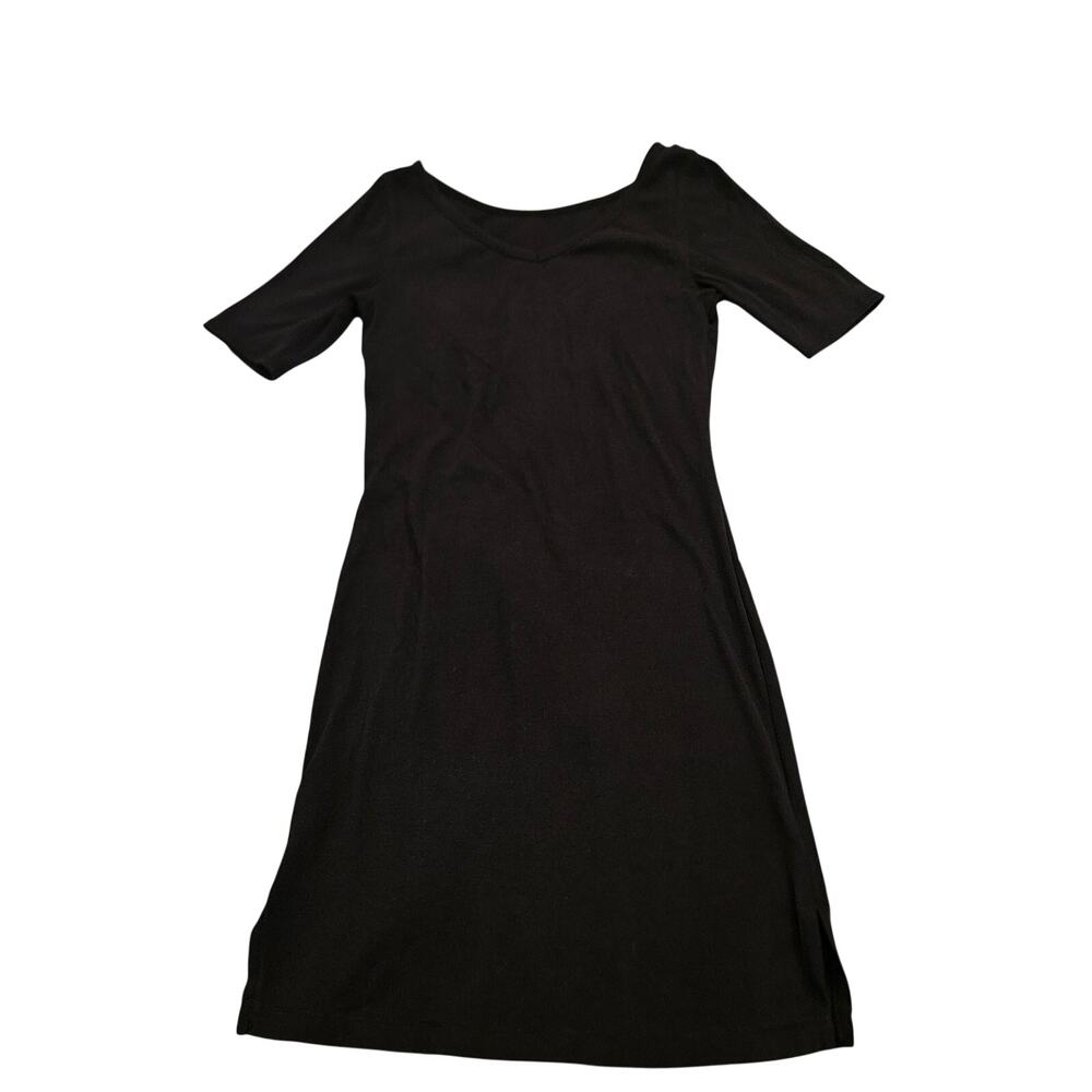 Black V Neck Short Sleeve T-Shirt Dress Women’s Medium Stretch Casual Minimalist